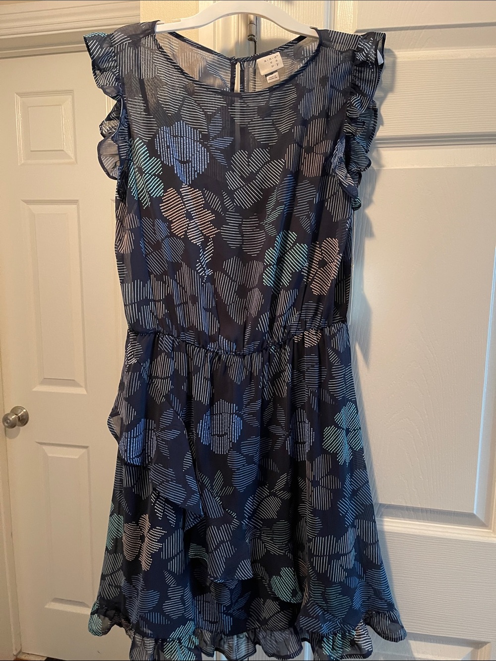 a new day Navy Floral Stripe-Overlay Ruffle Dress
